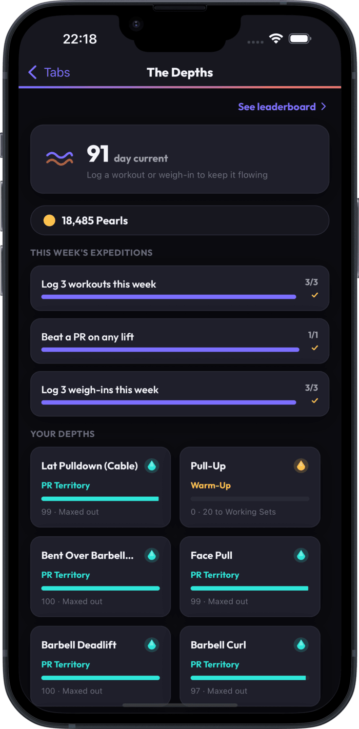 The Depths gamification screen showing Pearls, streak, weekly expeditions, and exercise tiers