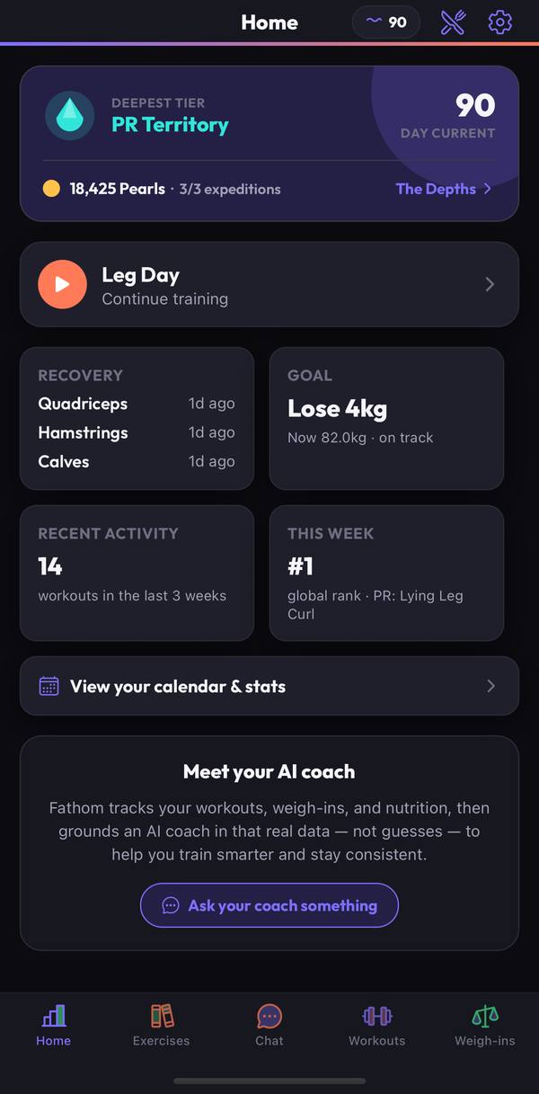 Fathom home screen showing a 90-day streak, PR Territory tier, and weekly stats